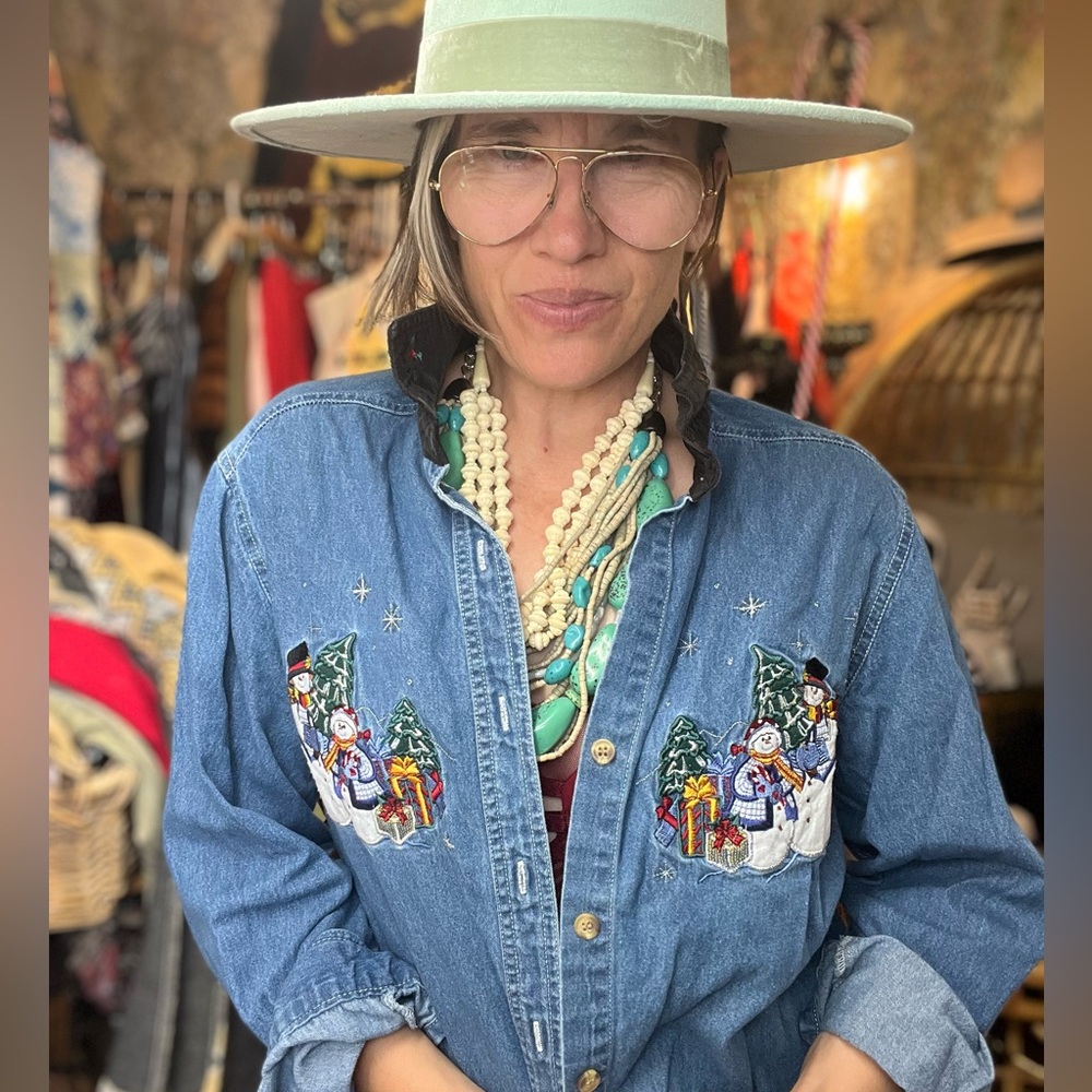 Vintage Christmas Embroidered Holiday Chambray Denim and Velvet Button Down